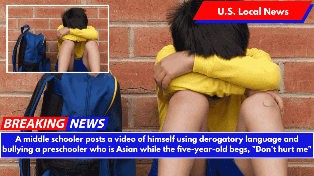 A middle schooler posts a video of himself using derogatory language and bullying a preschooler who is Asian while the five-year-old begs, "Don't hurt me"
