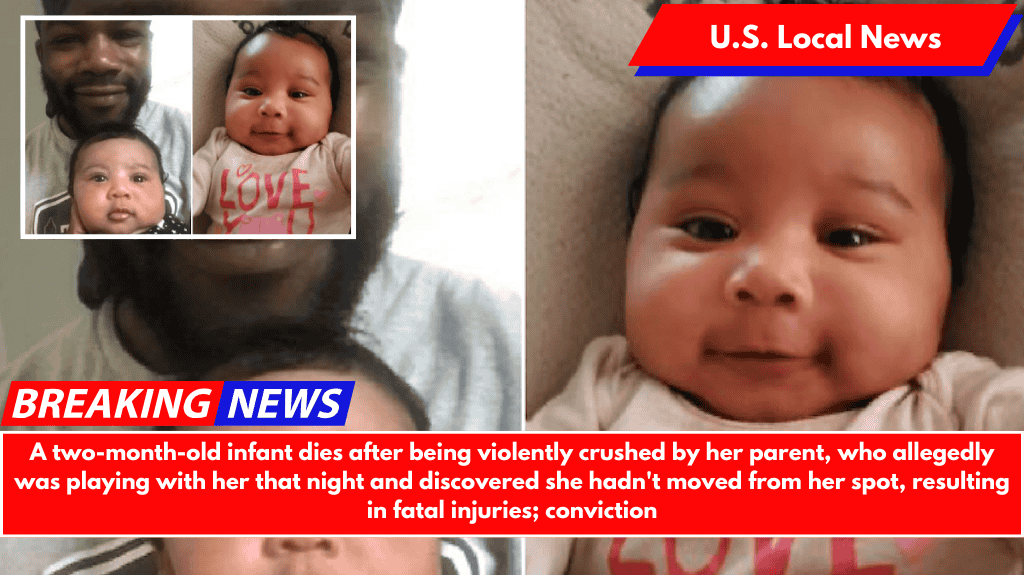 A two-month-old infant dies after being violently crushed by her parent, who allegedly was playing with her that night and discovered she hadn't moved from her spot, resulting in fatal injuries; conviction