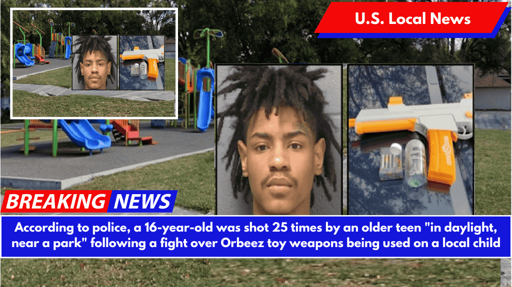 According to police, a 16-year-old was shot 25 times by an older teen "in daylight, near a park" following a fight over Orbeez toy weapons being used on a local child