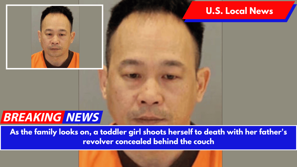 As the family looks on, a toddler girl shoots herself to death with her father's revolver concealed behind the couch
