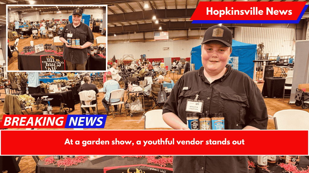 At a garden show, a youthful vendor stands out