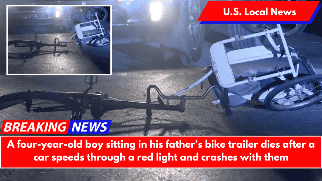 A four-year-old boy sitting in his father's bike trailer dies after a car speeds through a red light and crashes with them