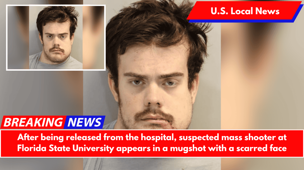 After being released from the hospital, suspected mass shooter at Florida State University appears in a mugshot with a scarred face