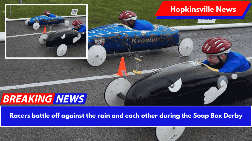 Racers battle off against the rain and each other during the Soap Box Derby