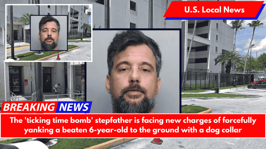 The 'ticking time bomb' stepfather is facing new charges of forcefully yanking a beaten 6-year-old to the ground with a dog collar
